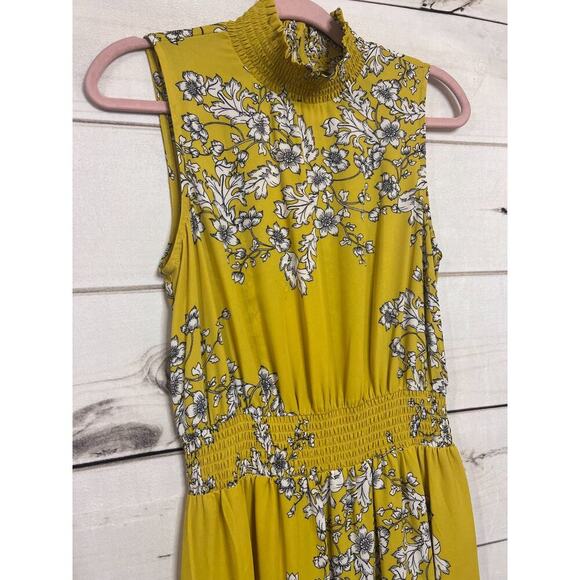 Nanette Nanette Lepore Size 6 Yellow Floral Midi Dress Ruffle High Neck Collar - Picture 5 of 5